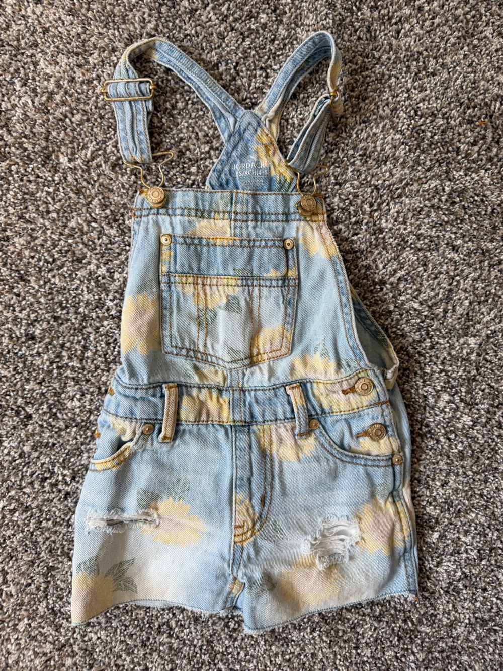 Jordache Light Blue and Yellow Floral Distressed Kids Denim Overalls